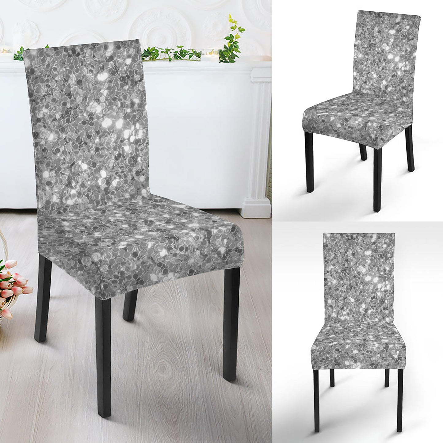 Silver Glitter Artwork Print Dining Chair Slipcover