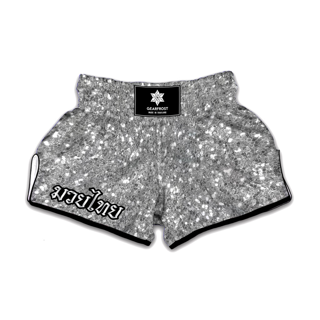Silver Glitter Texture Print Muay Thai Boxing Shorts