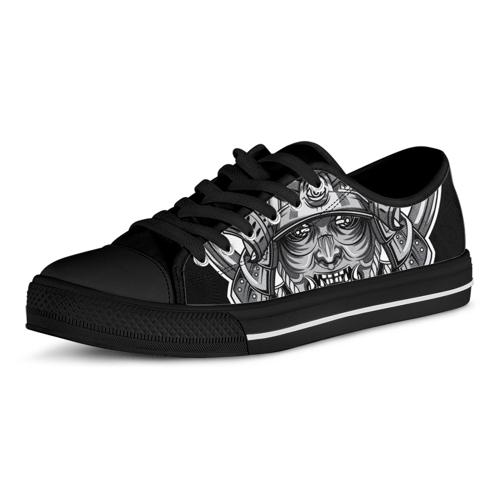 Silver Samurai Mask Print Black Low Top Shoes