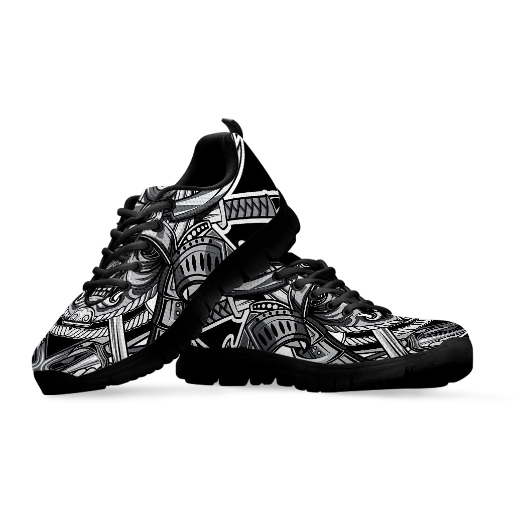 Silver Samurai Mask Print Black Sneakers