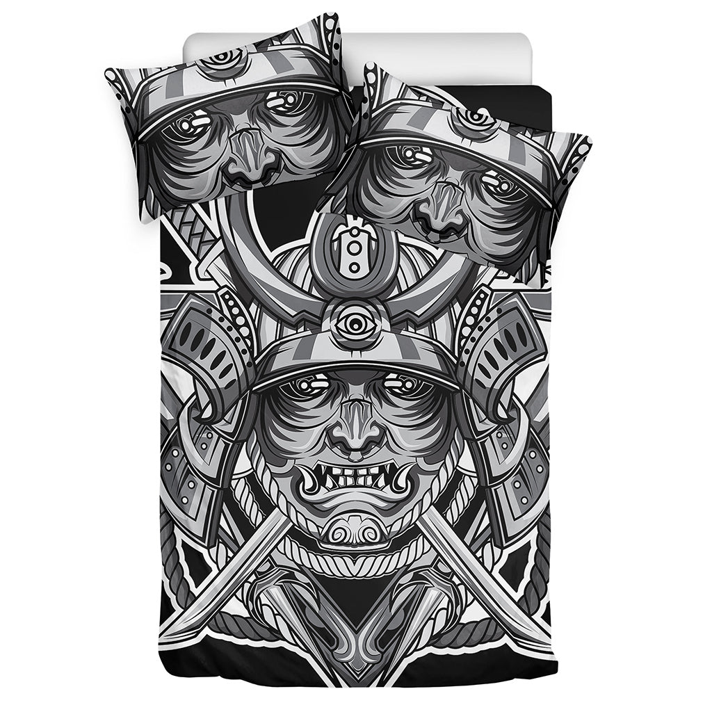 Silver Samurai Mask Print Duvet Cover Bedding Set