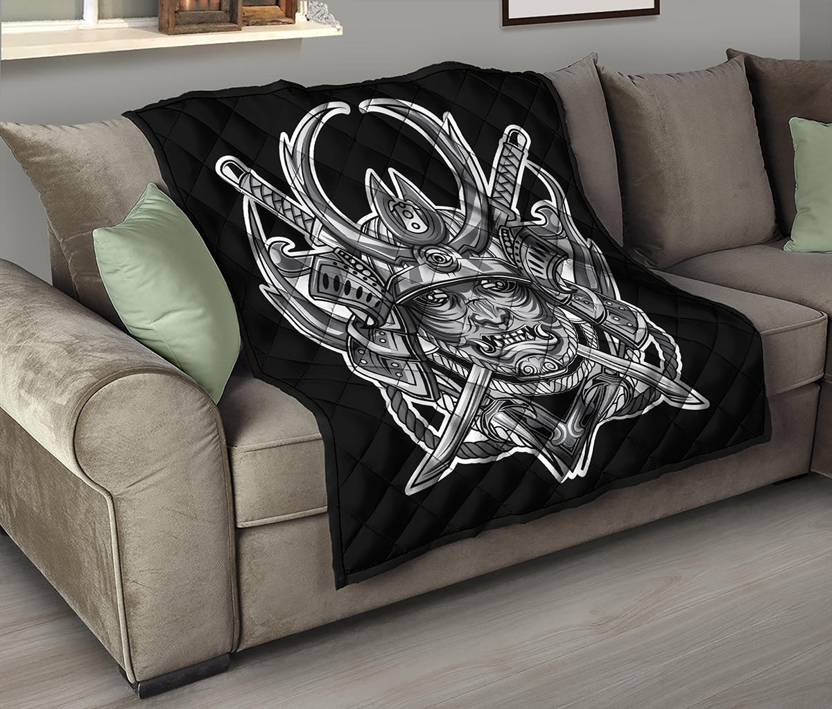 Silver Samurai Mask Print Quilt