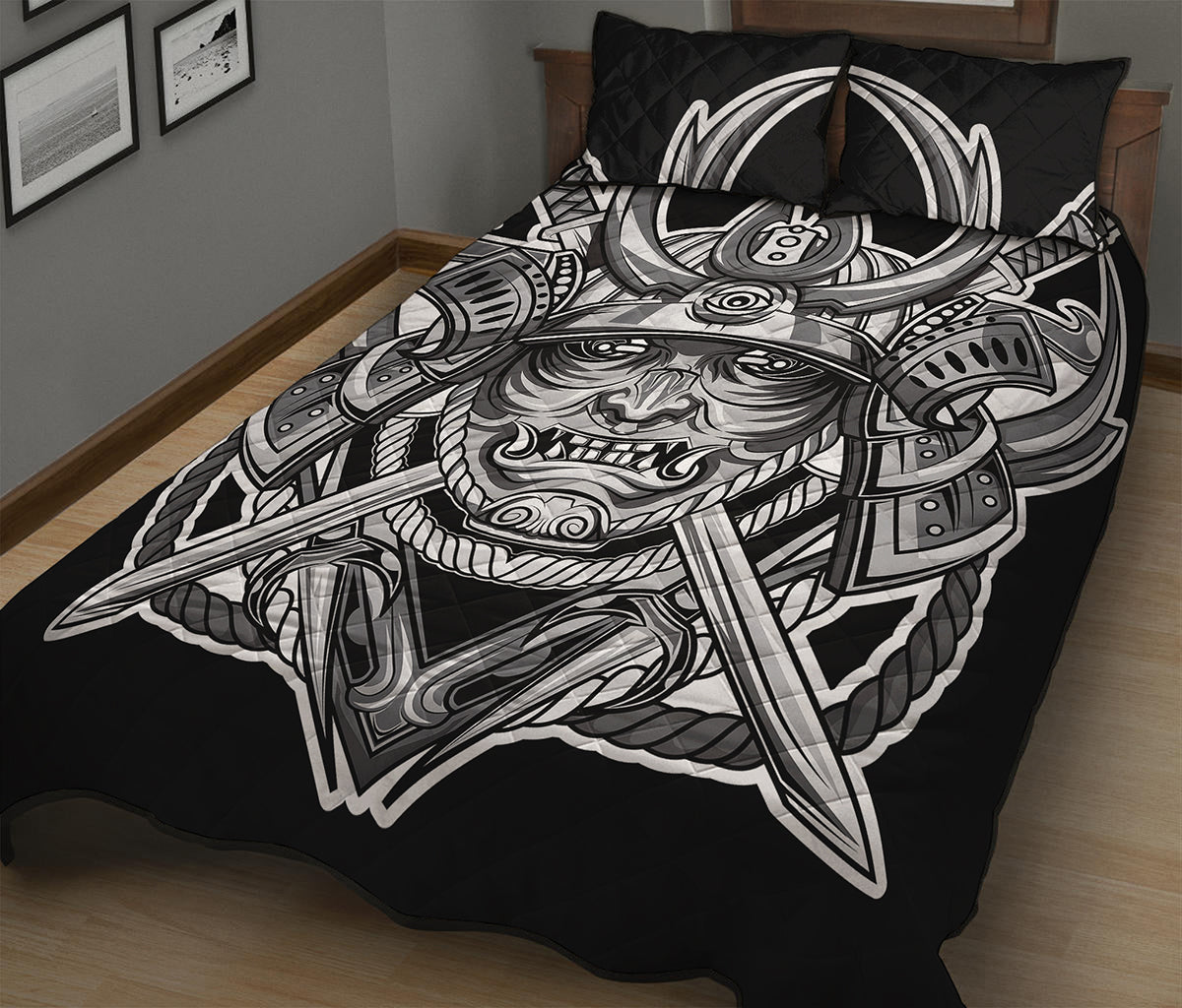 Silver Samurai Mask Print Quilt Bed Set