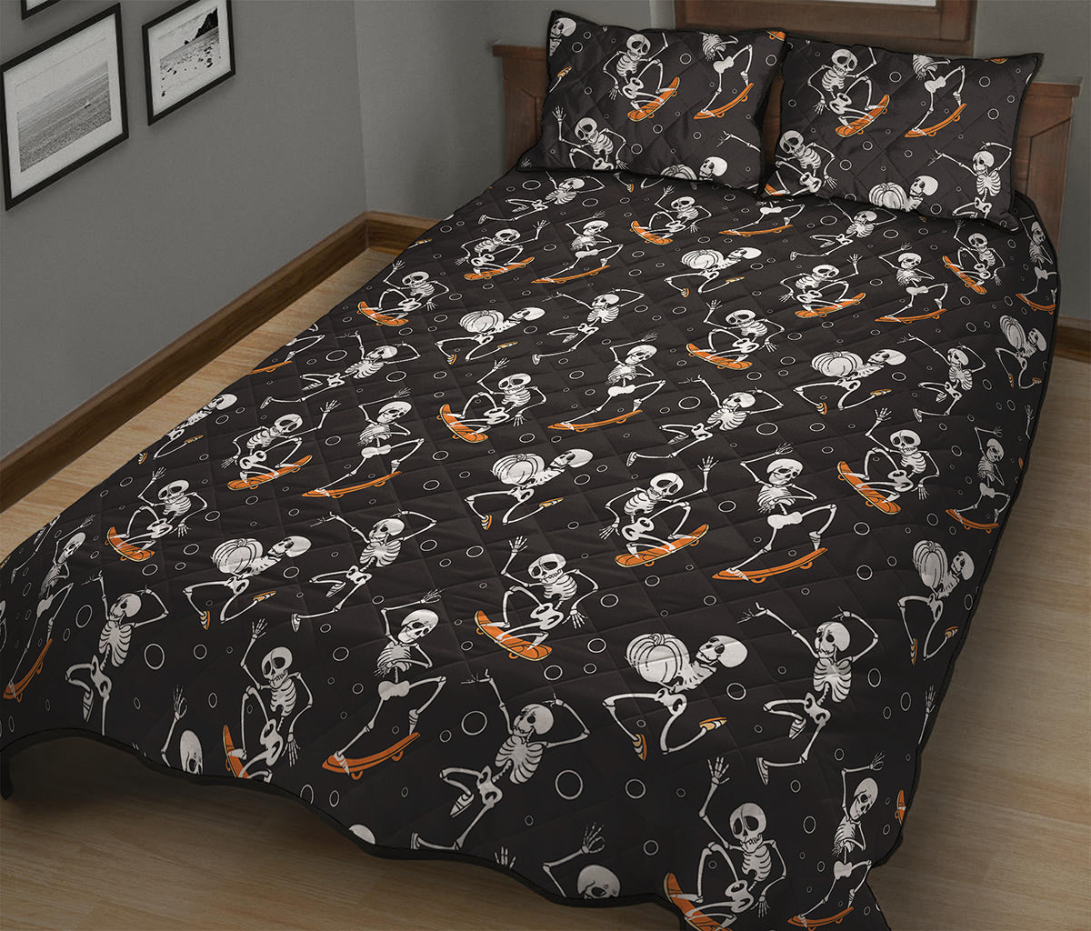 Skateboarding Skeleton Pattern Print Quilt Bed Set