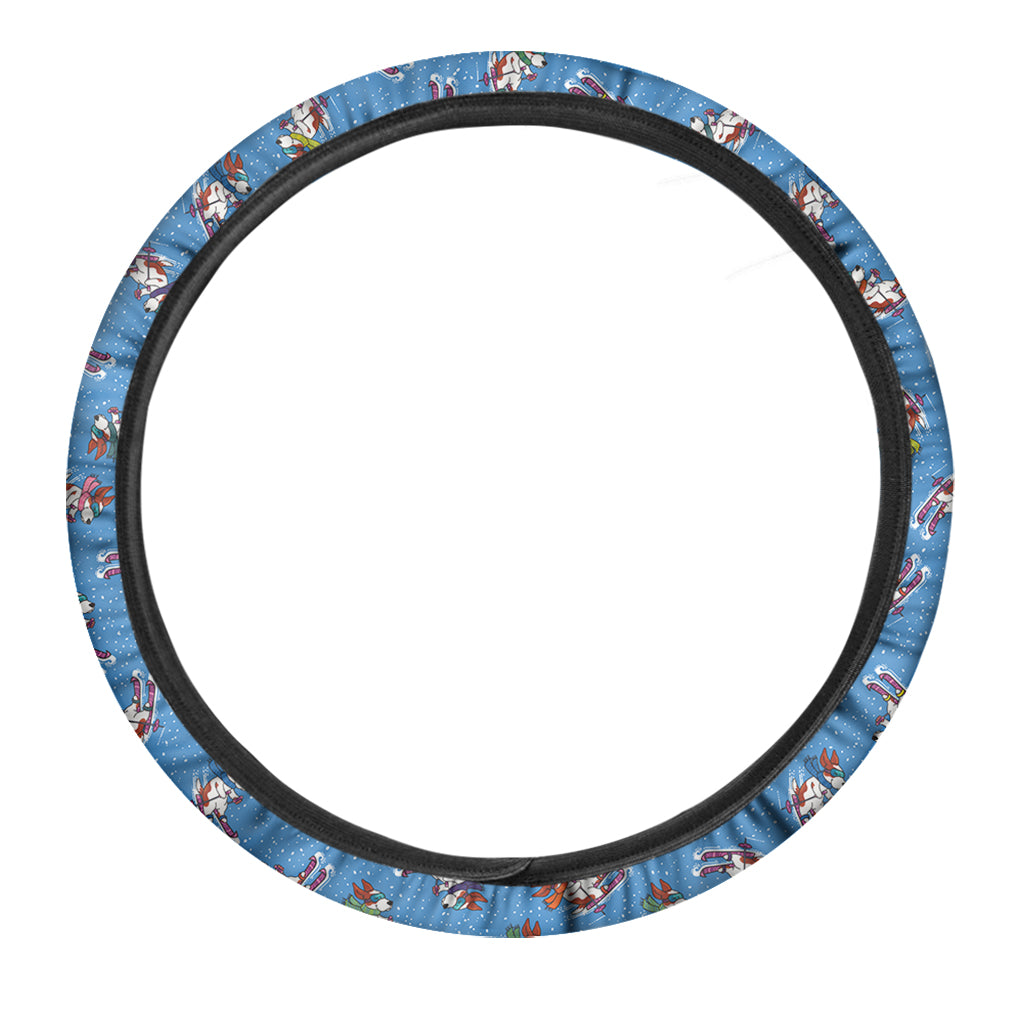 Skiing Dog Pattern Print Car Steering Wheel Cover