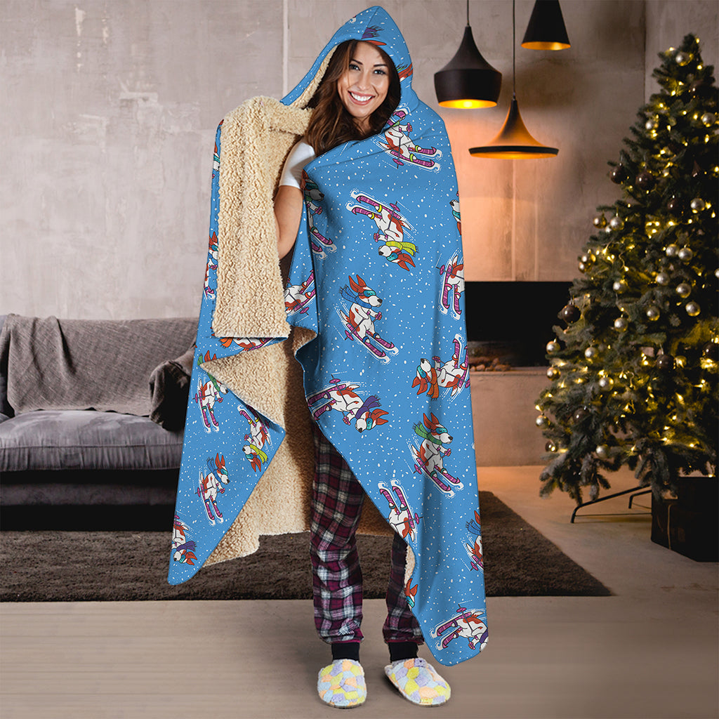 Skiing Dog Pattern Print Hooded Blanket