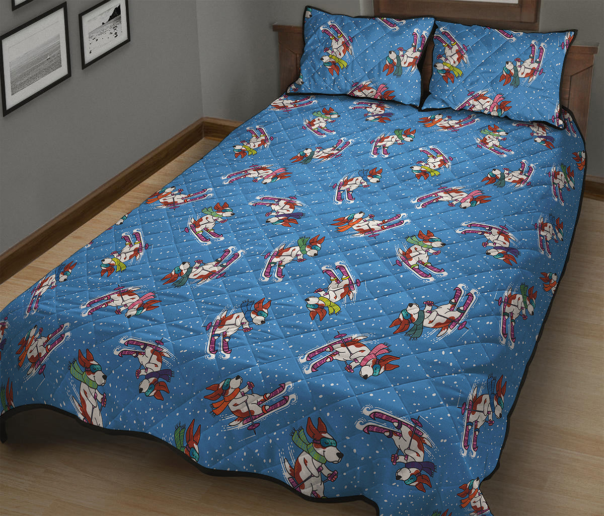 Skiing Dog Pattern Print Quilt Bed Set