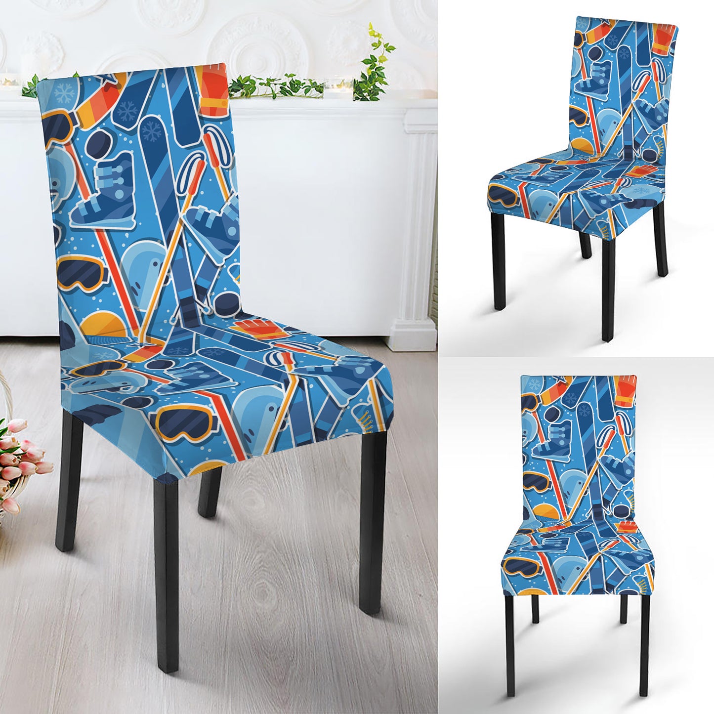 Skiing Equipment Pattern Print Dining Chair Slipcover