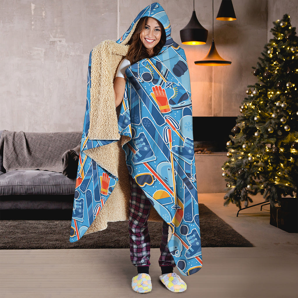 Skiing Equipment Pattern Print Hooded Blanket