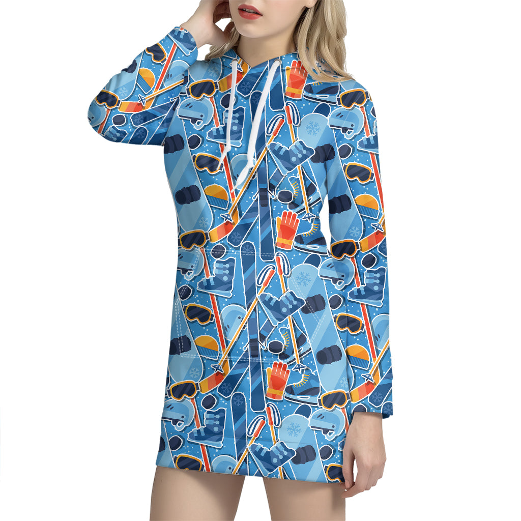 Skiing Equipment Pattern Print Hoodie Dress