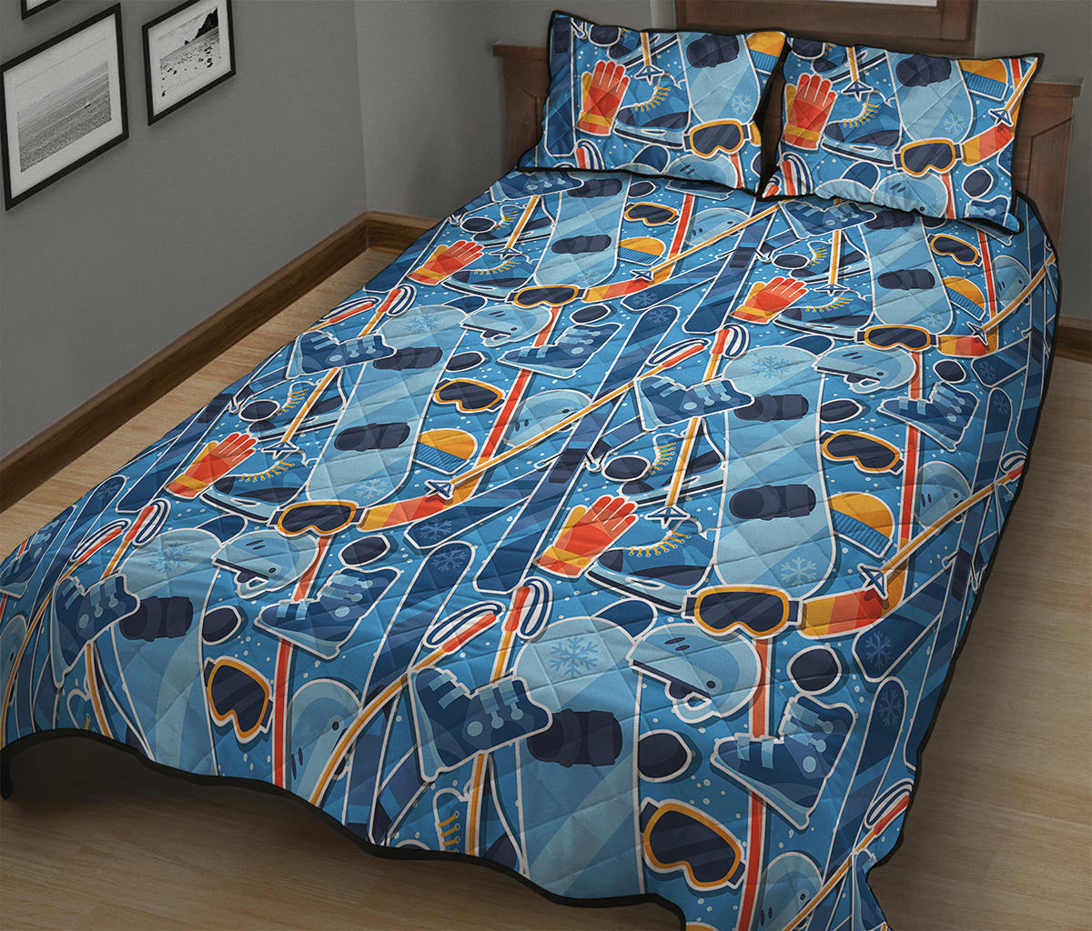Skiing Equipment Pattern Print Quilt Bed Set