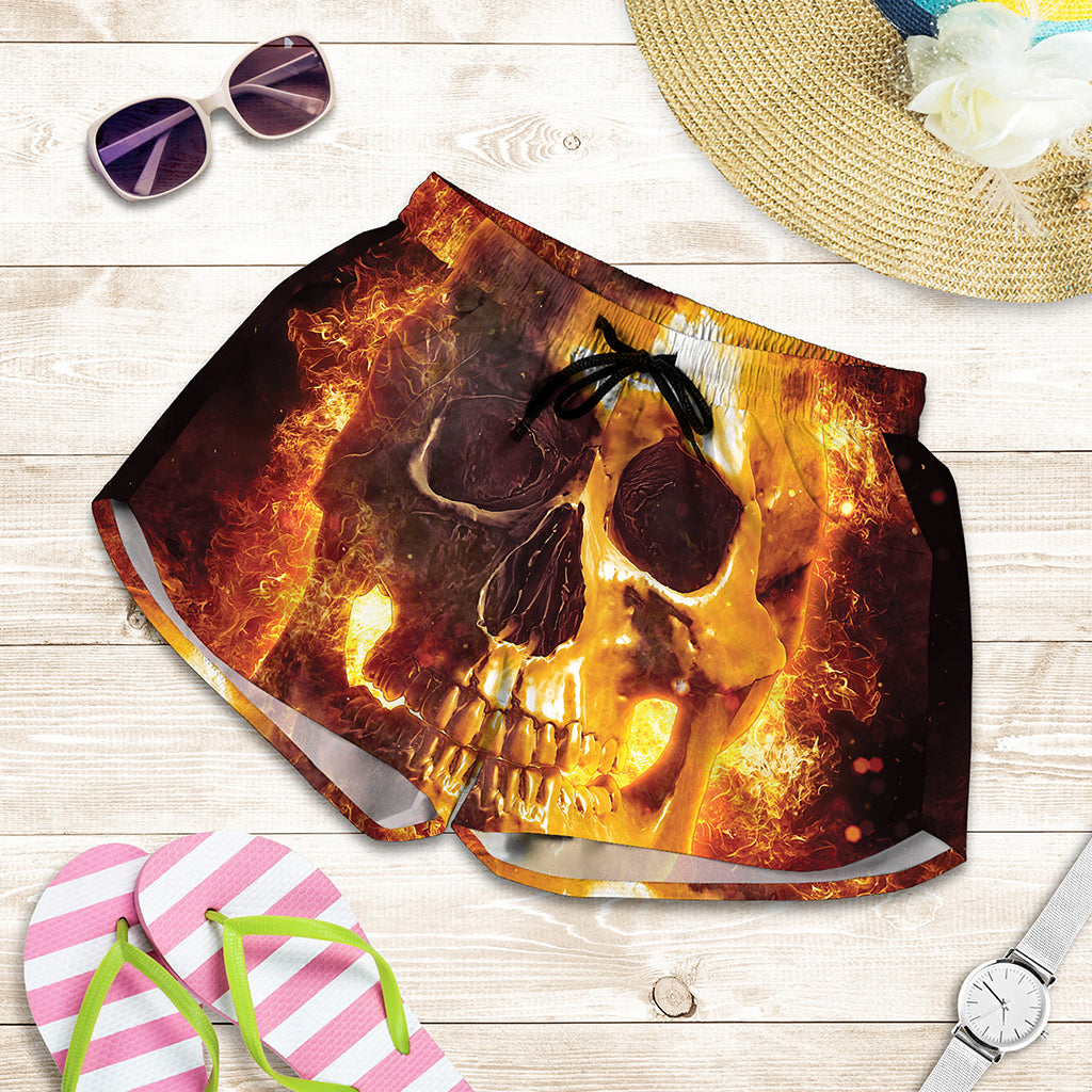 Skull In Flames Print Women's Shorts