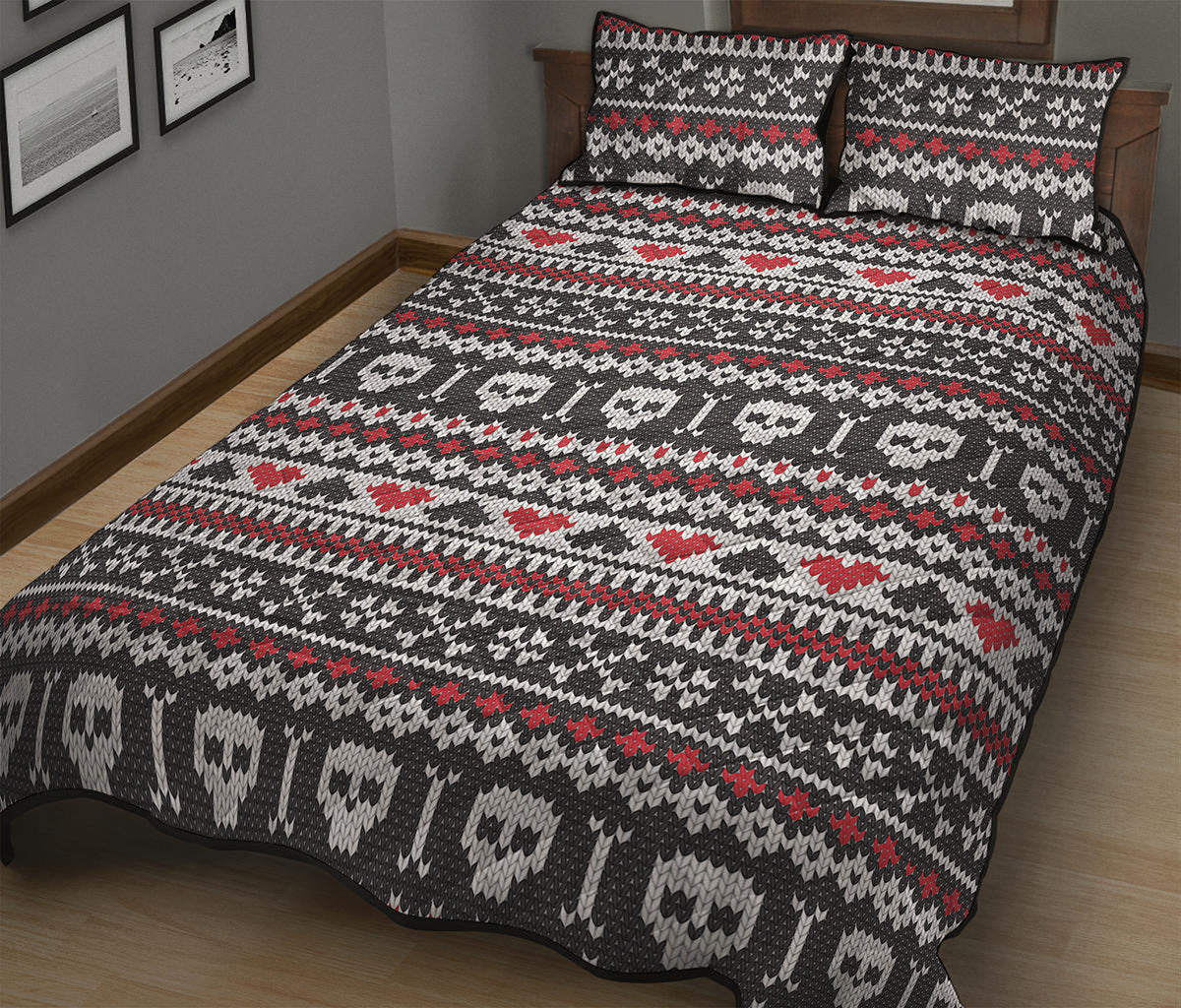 Skull Knitted Pattern Print Quilt Bed Set
