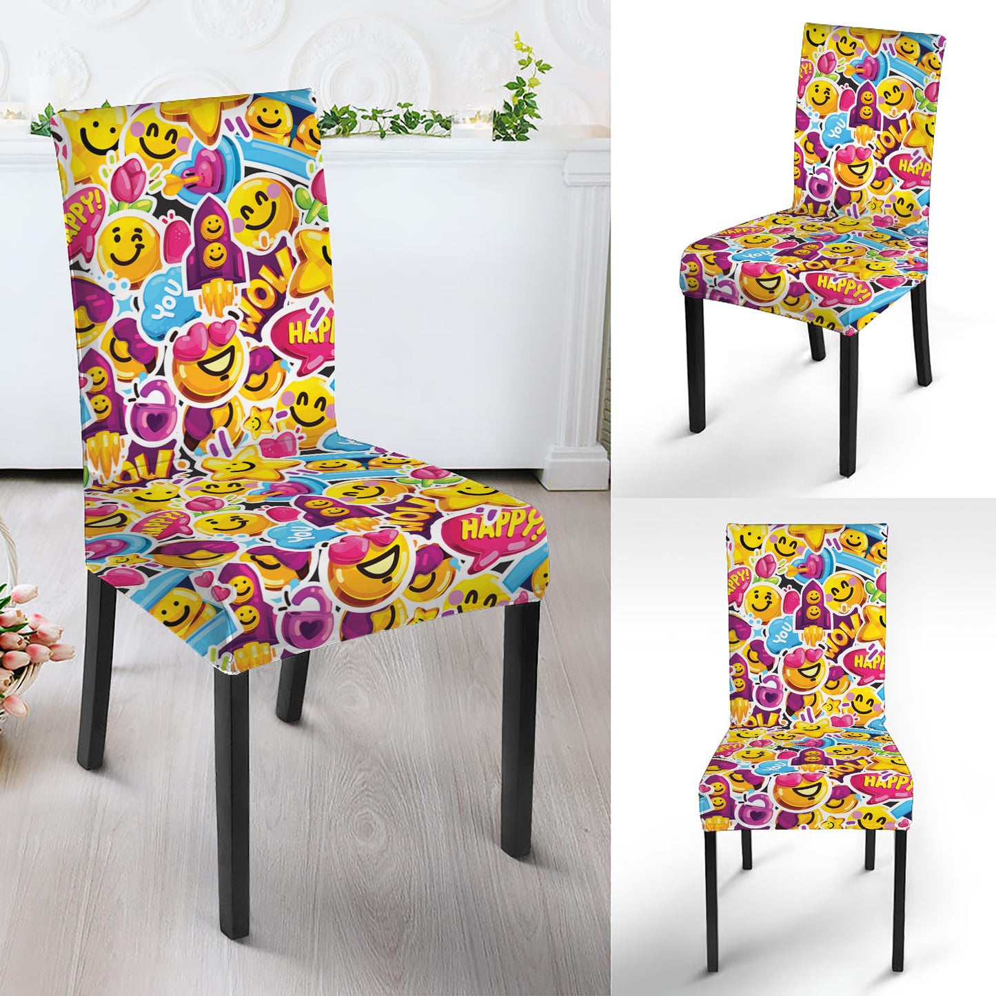 Smiley Faces Emoji Pattern Print Dining Chair Slipcover