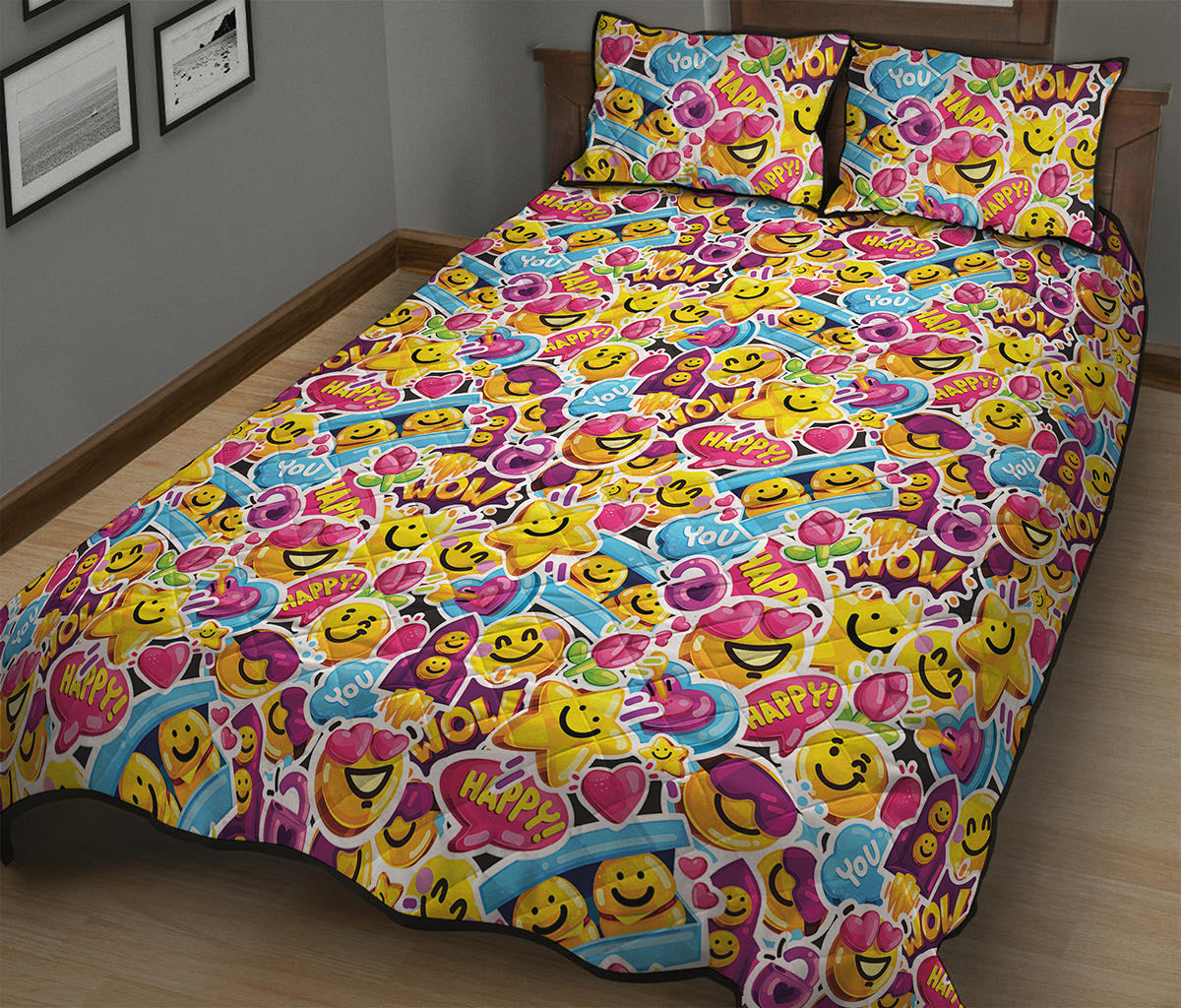 Smiley Faces Emoji Pattern Print Quilt Bed Set