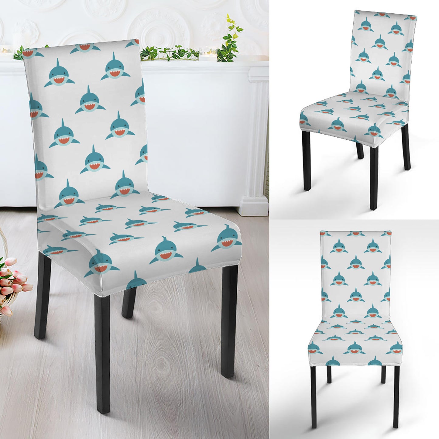 Smiley Shark Pattern Print Dining Chair Slipcover