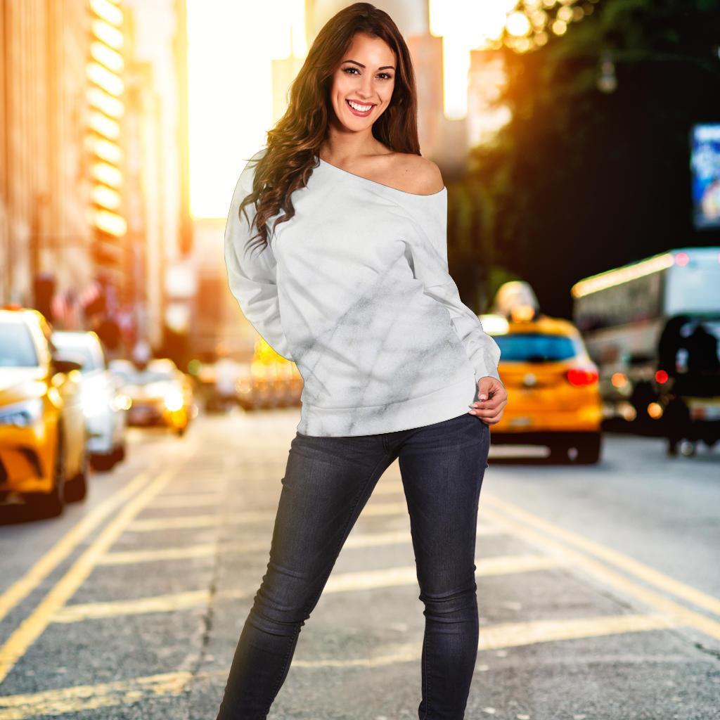 Smoke Grey Marble Print Off Shoulder Sweatshirt GearFrost