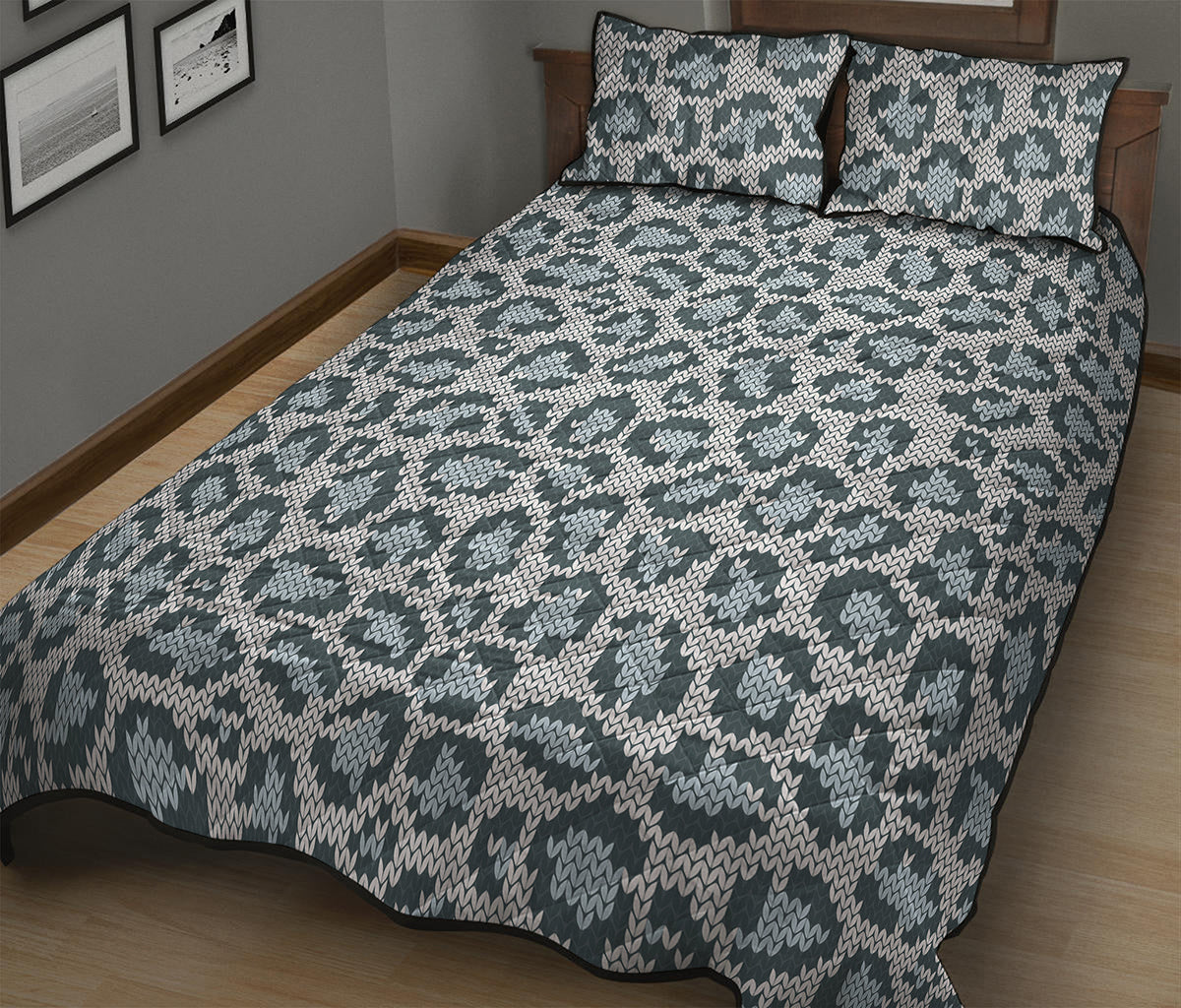 Snow Leopard Knitted Pattern Print Quilt Bed Set