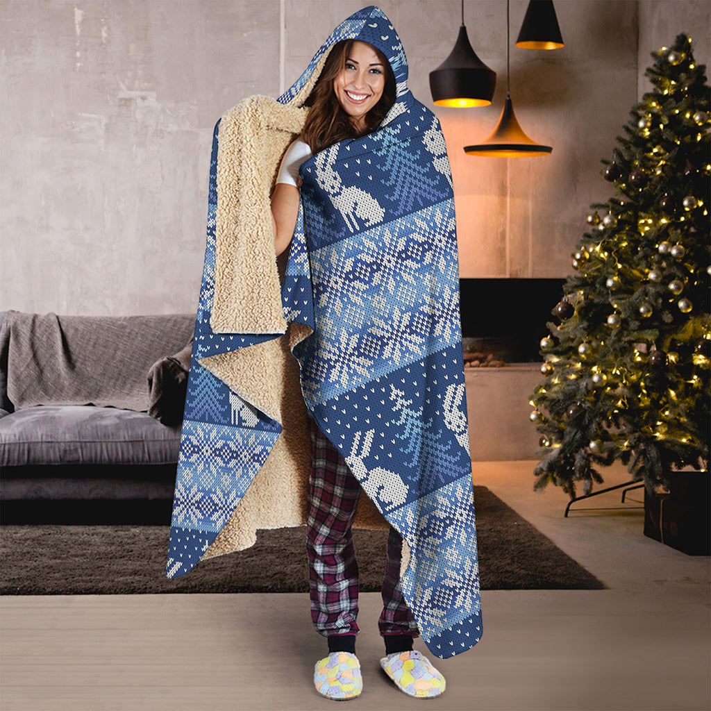 Snow Rabbit Knitted Pattern Print Hooded Blanket