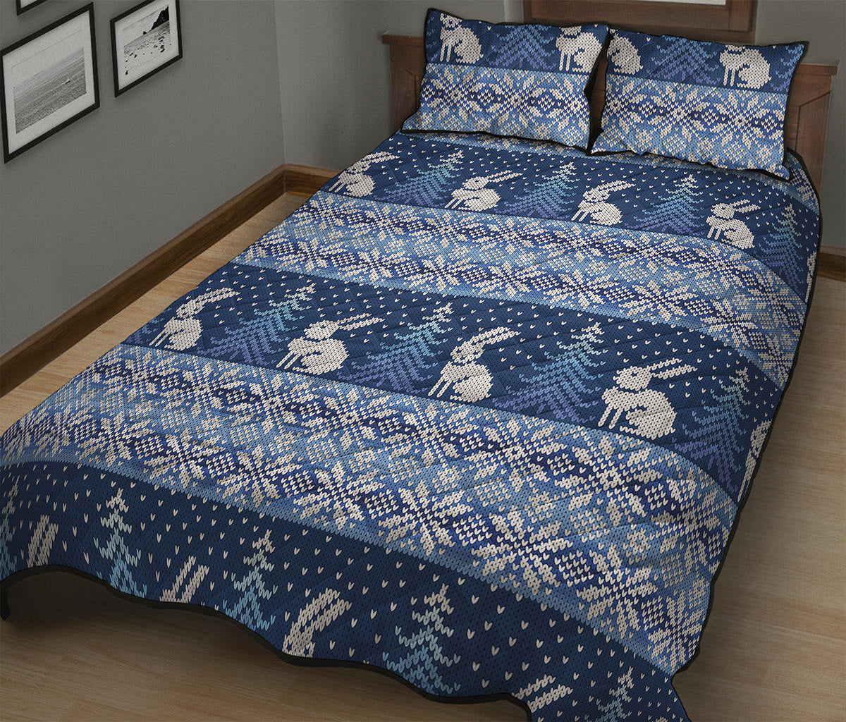 Snow Rabbit Knitted Pattern Print Quilt Bed Set