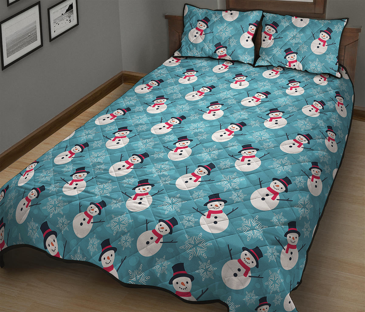 Snowman And Snowflake Pattern Print Quilt Bed Set