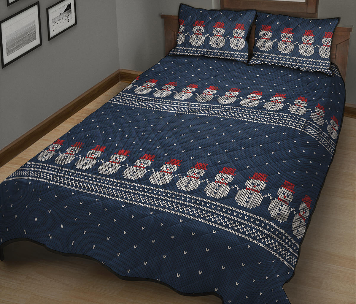 Snowman Knitted Pattern Print Quilt Bed Set