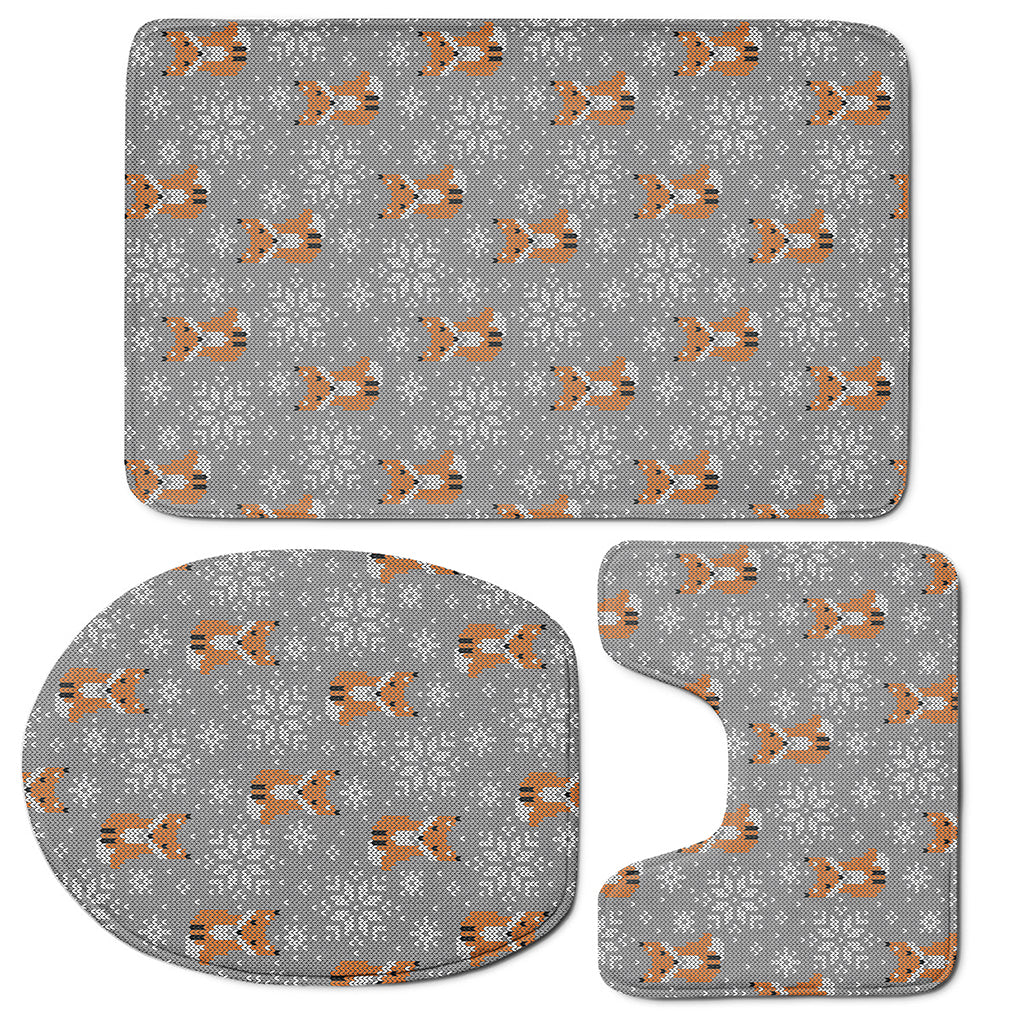 Snowy Fox Knitted Pattern Print 3 Piece Bath Mat Set