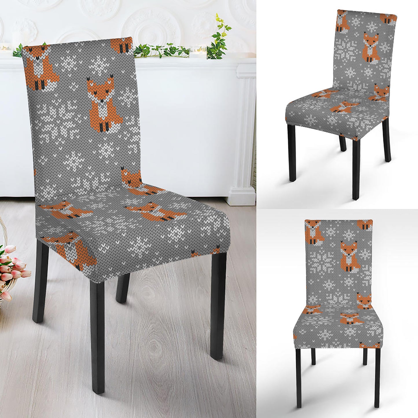Snowy Fox Knitted Pattern Print Dining Chair Slipcover