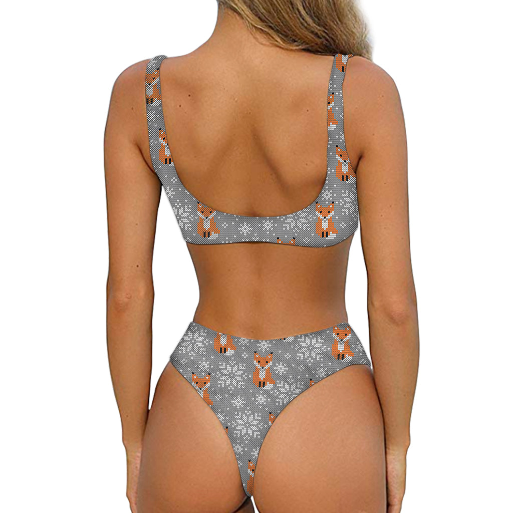 Snowy Fox Knitted Pattern Print Front Bow Tie Bikini