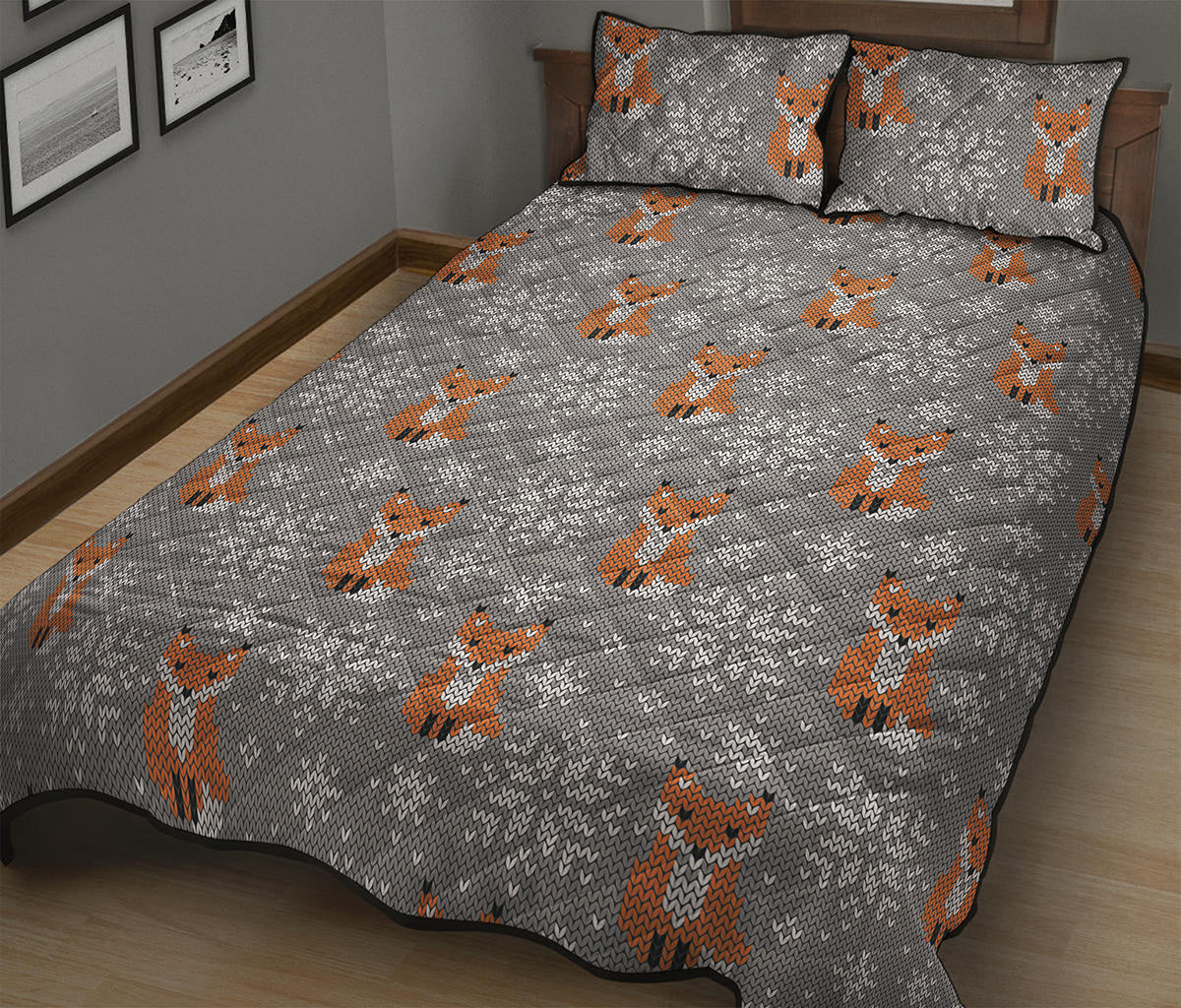 Snowy Fox Knitted Pattern Print Quilt Bed Set