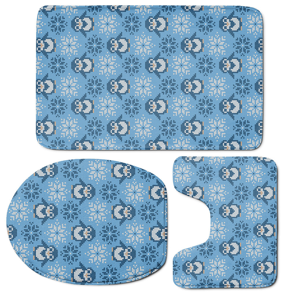 Snowy Penguin Knitted Pattern Print 3 Piece Bath Mat Set