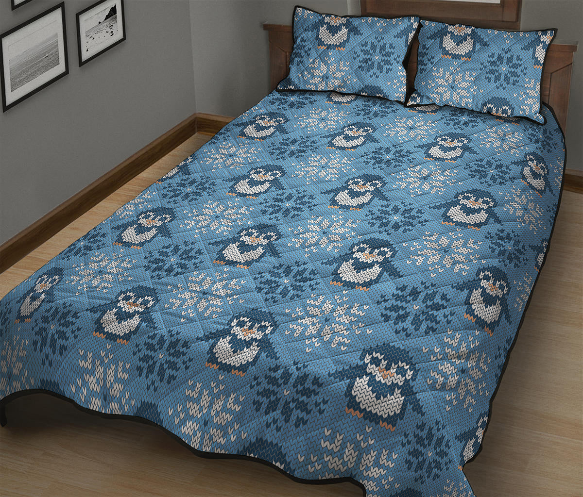 Snowy Penguin Knitted Pattern Print Quilt Bed Set