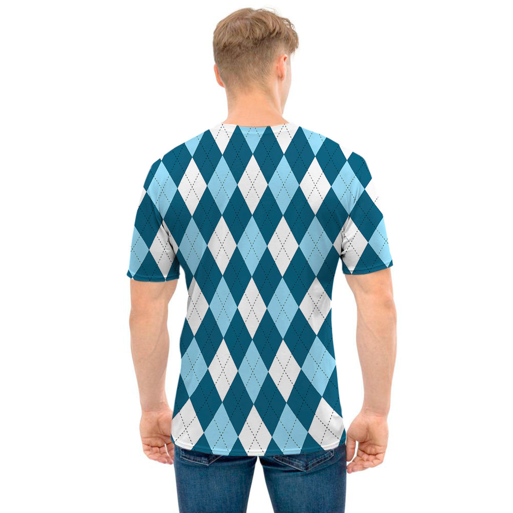Soft Blue Argyle Pattern Print Men's T-Shirt
