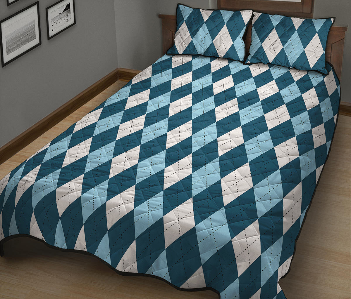 Soft Blue Argyle Pattern Print Quilt Bed Set