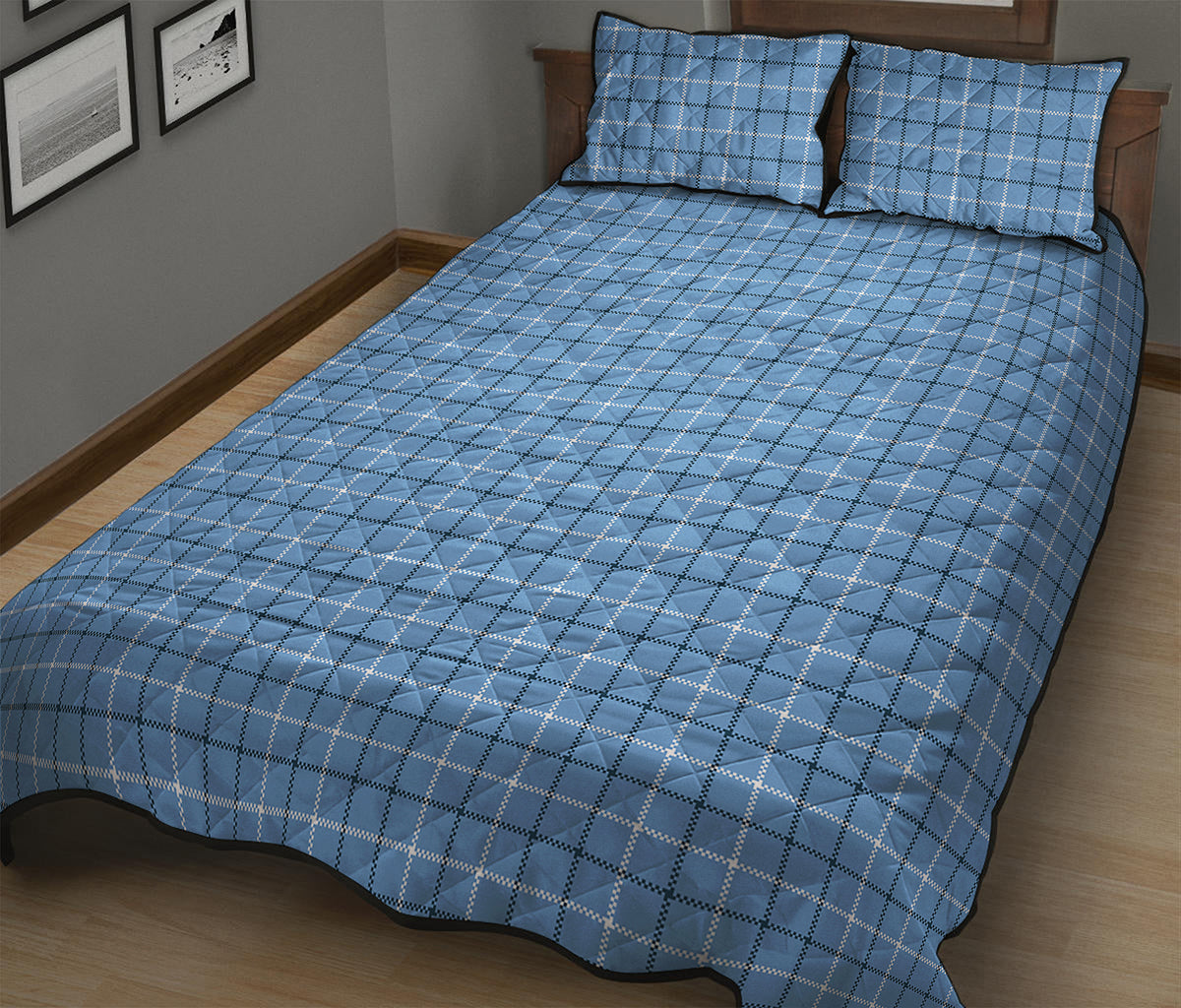 Solf Blue Tattersall Pattern Print Quilt Bed Set