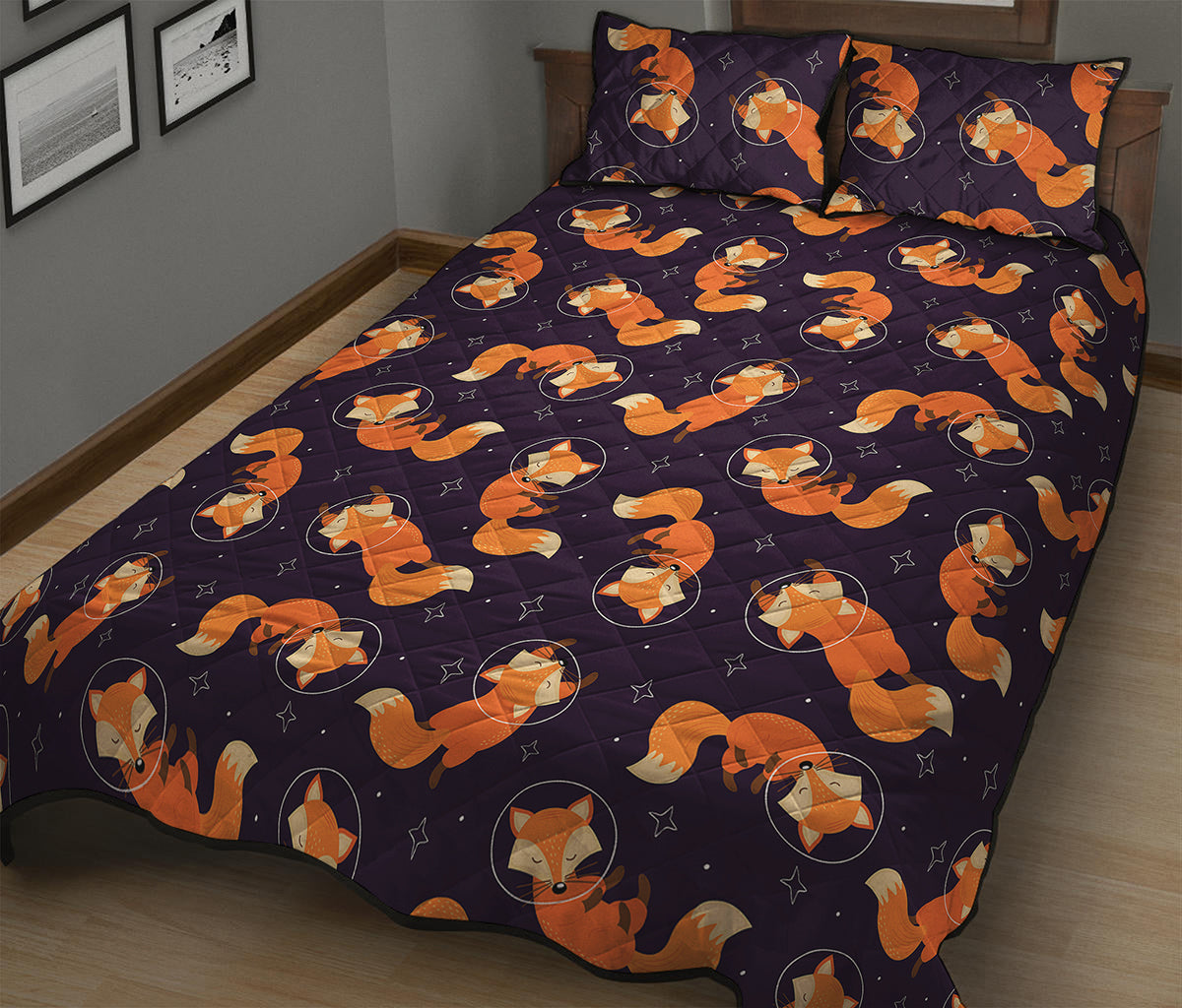 Space Fox Pattern Print Quilt Bed Set