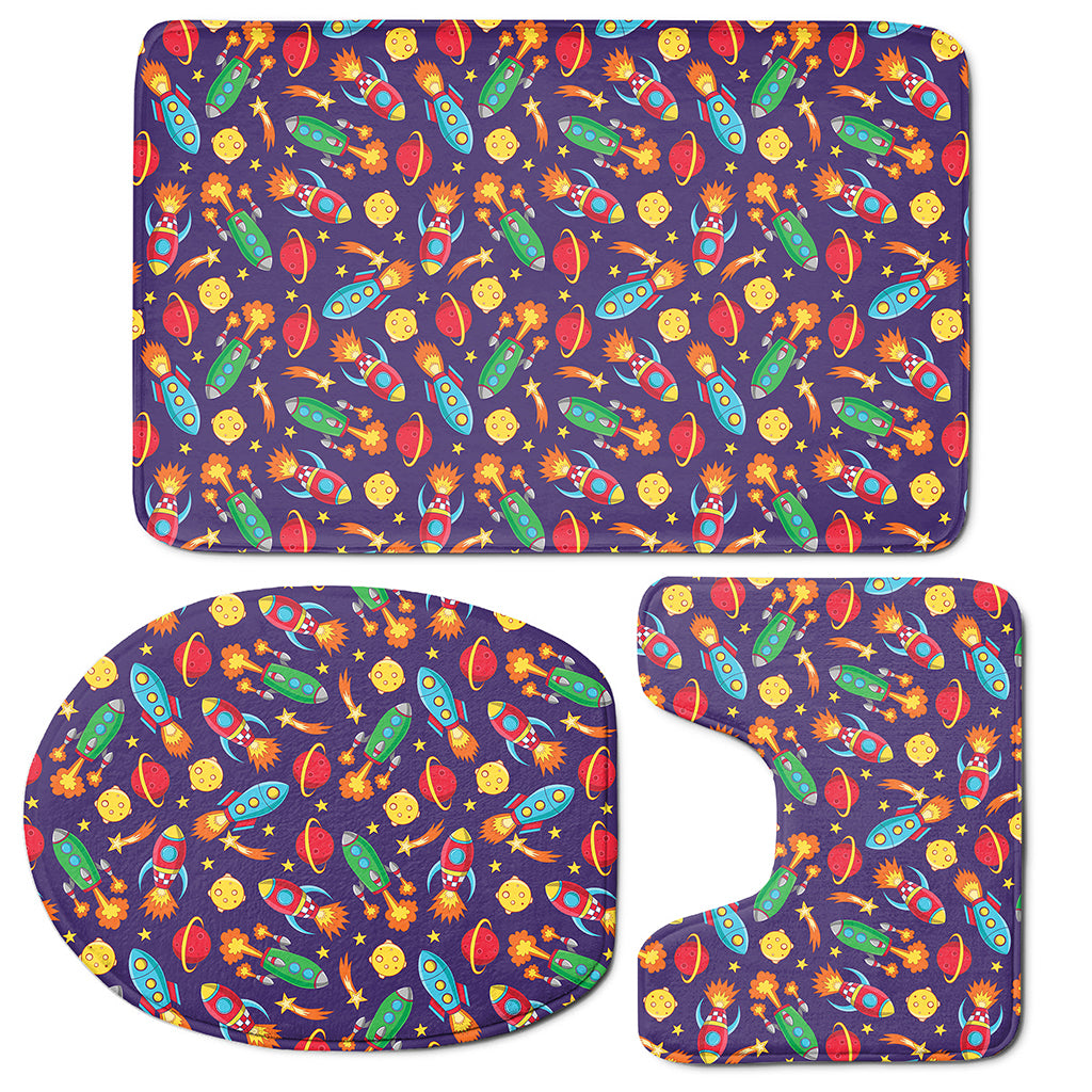 Space Rockets Pattern Print 3 Piece Bath Mat Set