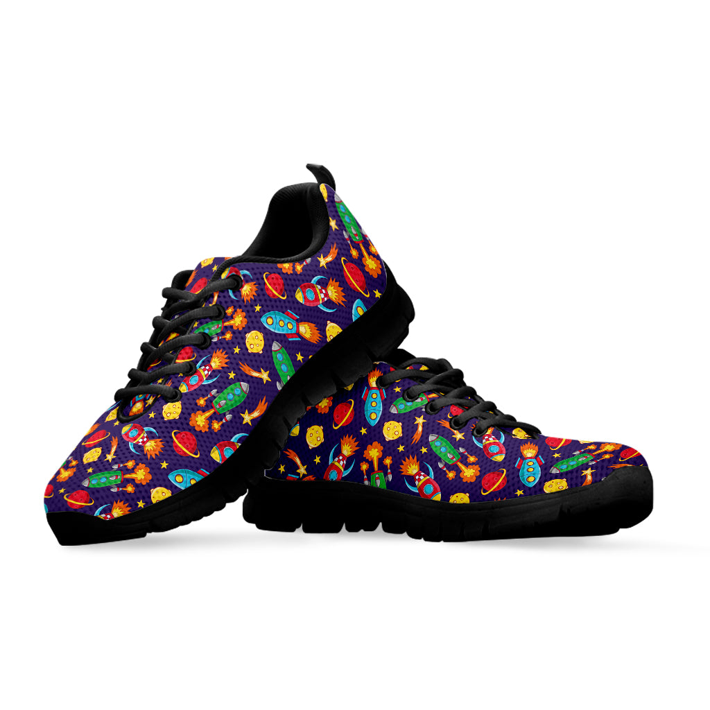 Space Rockets Pattern Print Black Sneakers
