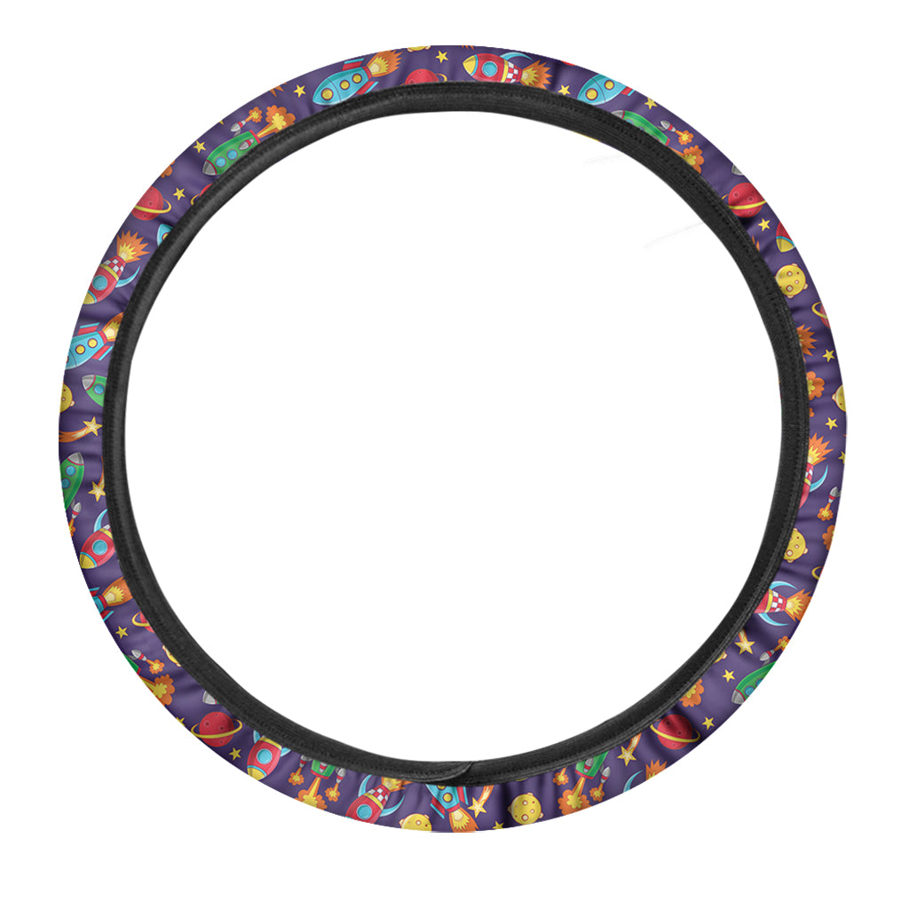 Space Rockets Pattern Print Car Steering Wheel Cover