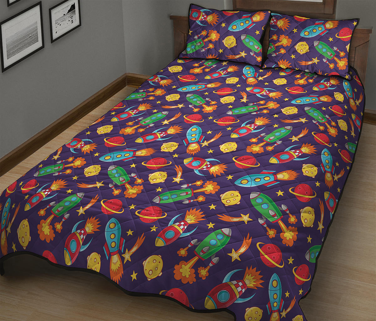 Space Rockets Pattern Print Quilt Bed Set