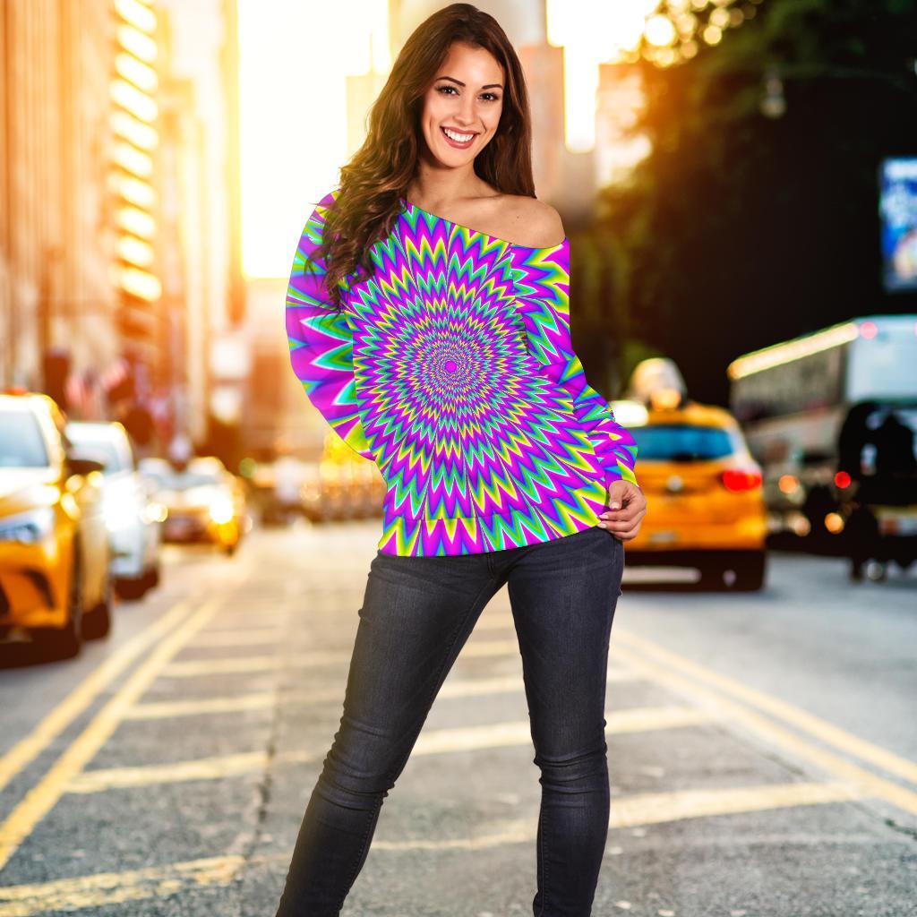 Spiky Spiral Moving Optical Illusion Off Shoulder Sweatshirt GearFrost