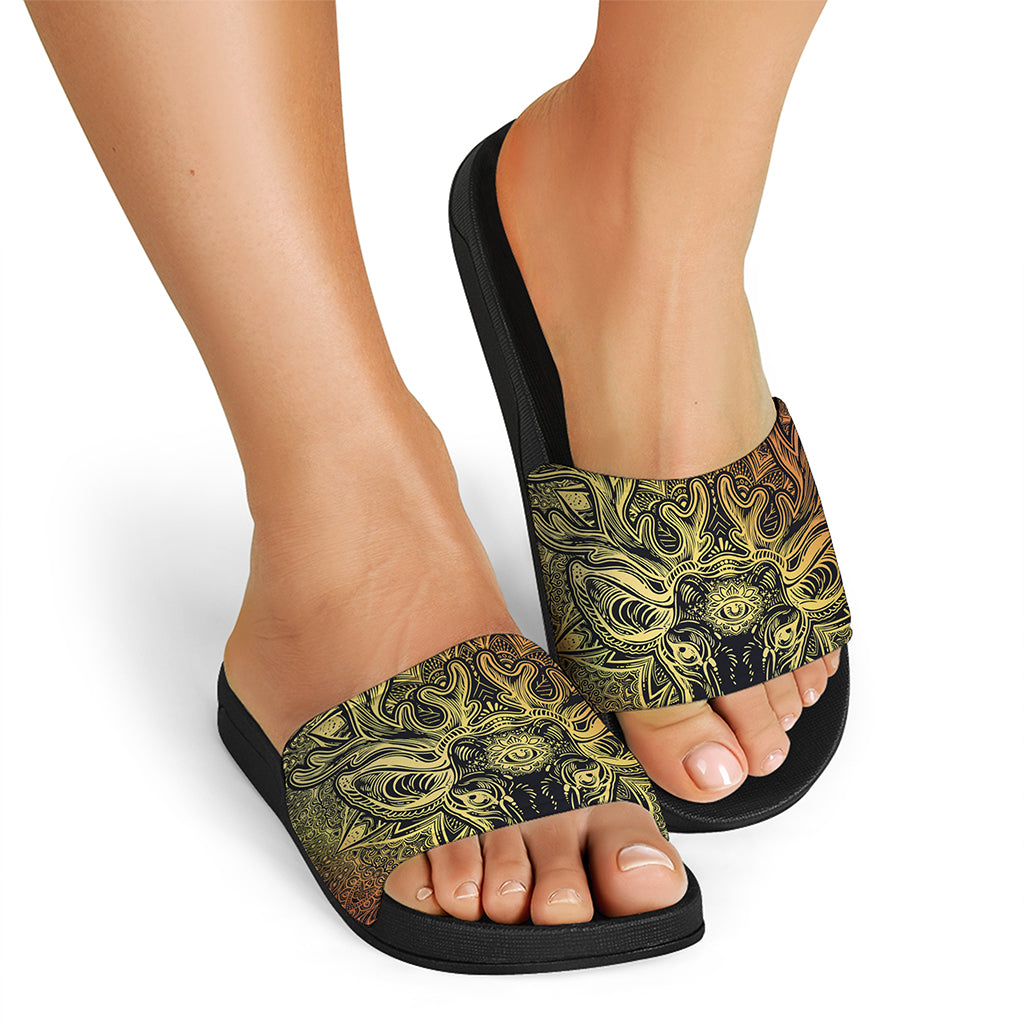 Spiritual Deer Mandala Print Black Slide Sandals