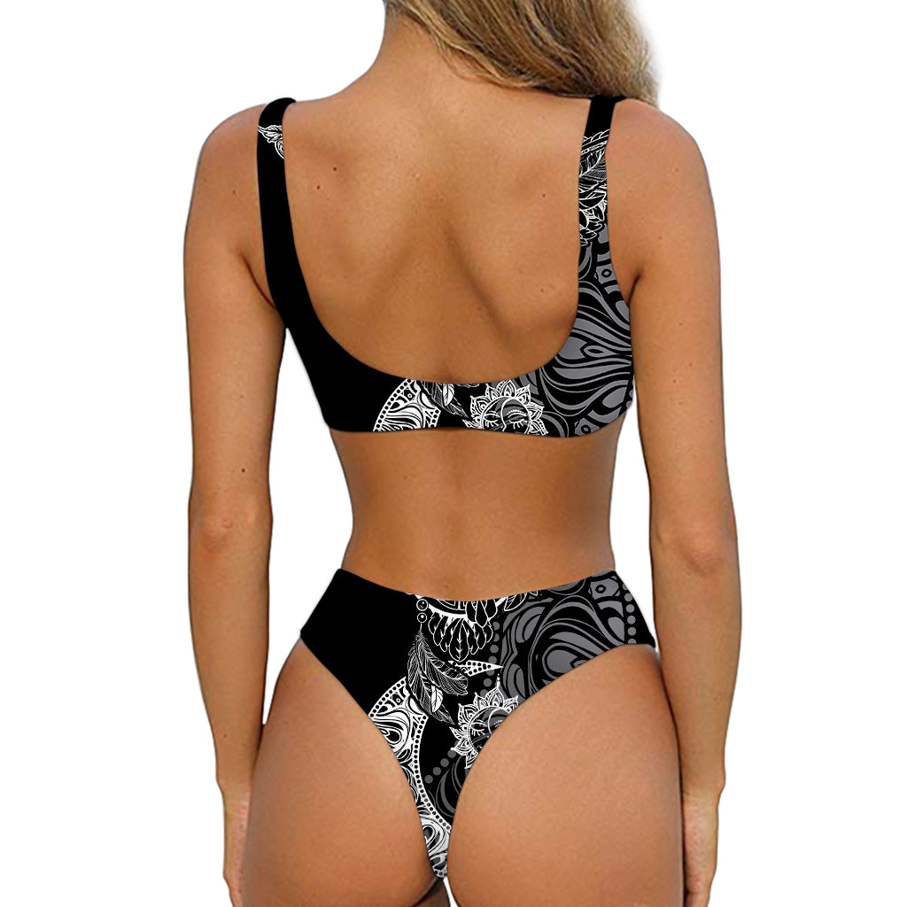 Spiritual Owl With Sun And Moon Print Front Bow Tie Bikini