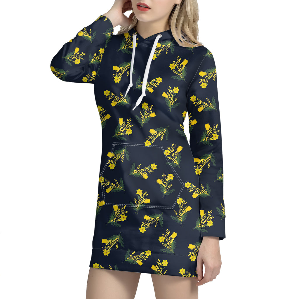 Spring Daffodil Flower Pattern Print Hoodie Dress