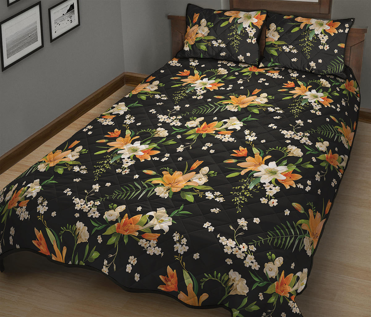 Spring Lily Flowers Pattern Print Quilt Bed Set