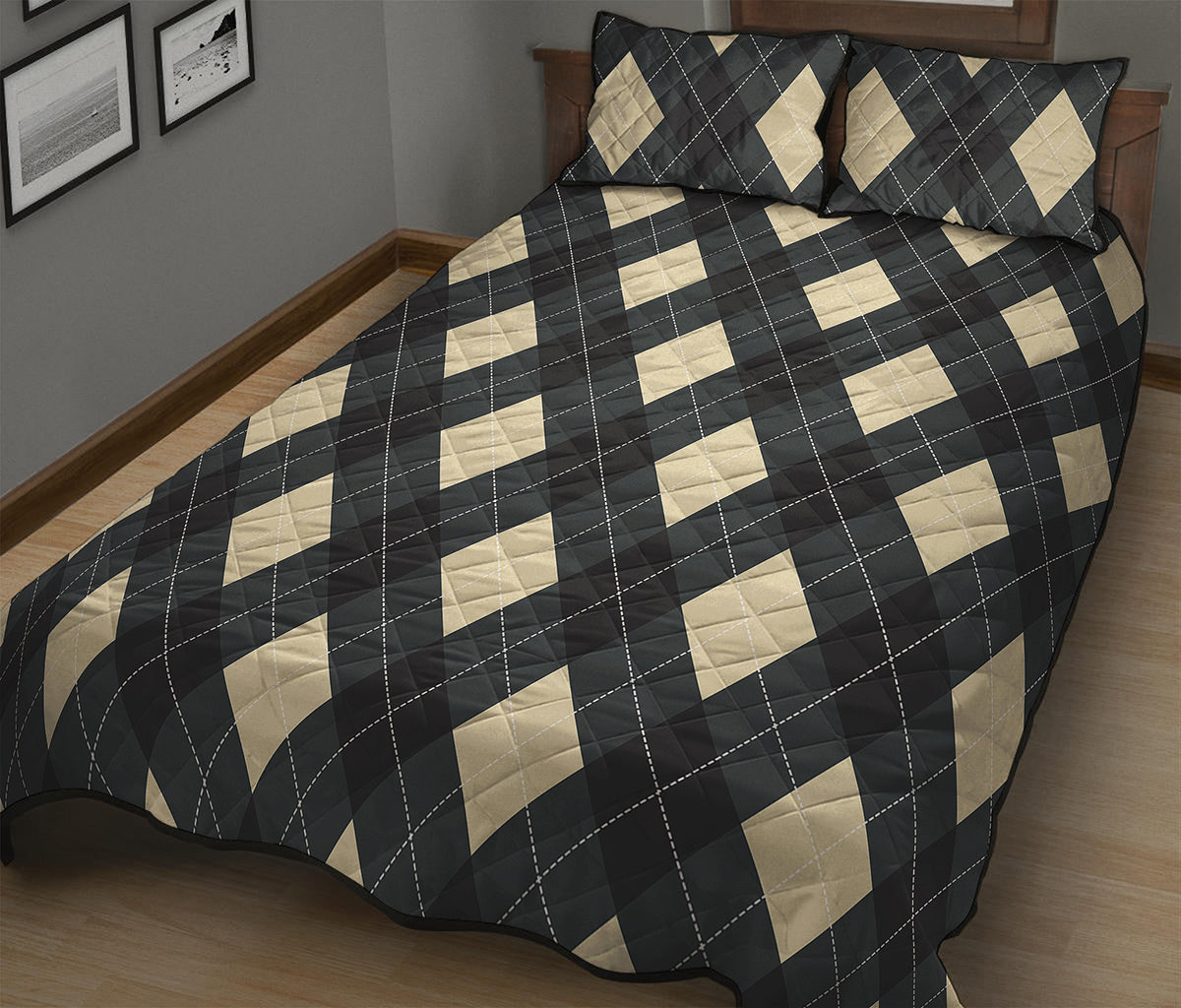 Spruce Blue And Beige Argyle Print Quilt Bed Set