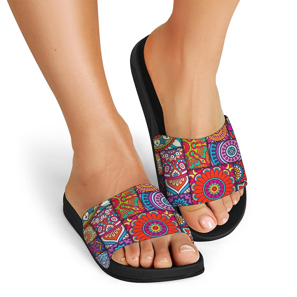 Square Bohemian Mandala Patchwork Print Black Slide Sandals