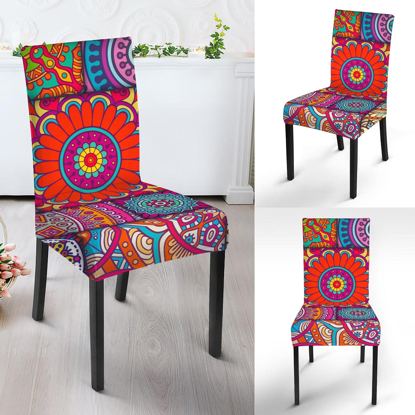 Square Bohemian Mandala Patchwork Print Dining Chair Slipcover
