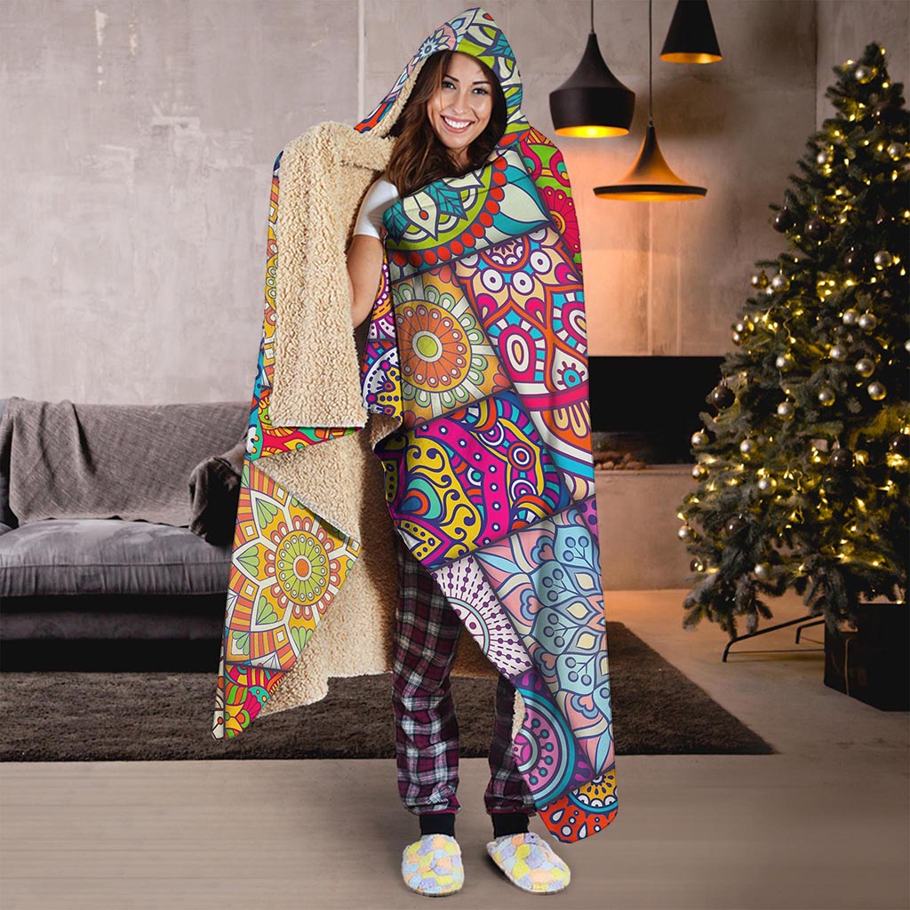 Square Bohemian Mandala Patchwork Print Hooded Blanket