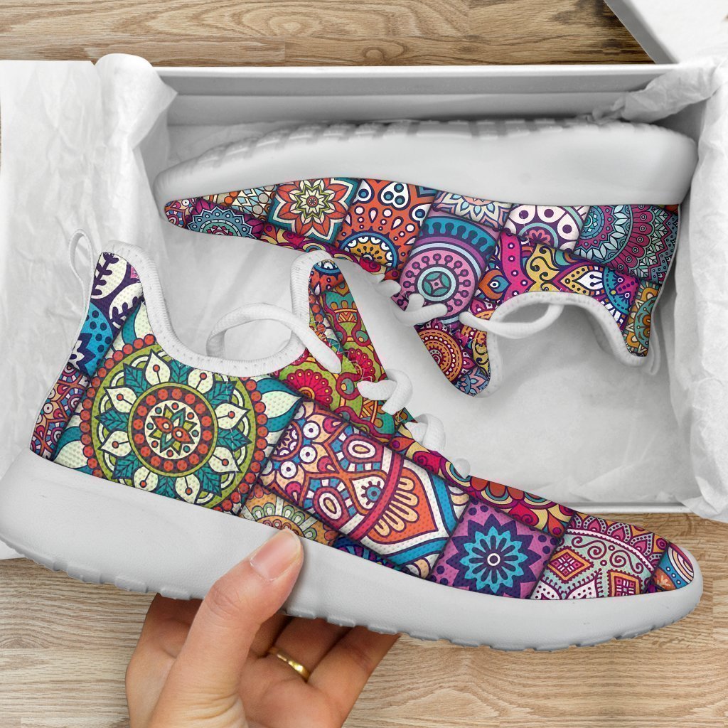Square Bohemian Mandala Patchwork Print Mesh Knit Shoes GearFrost
